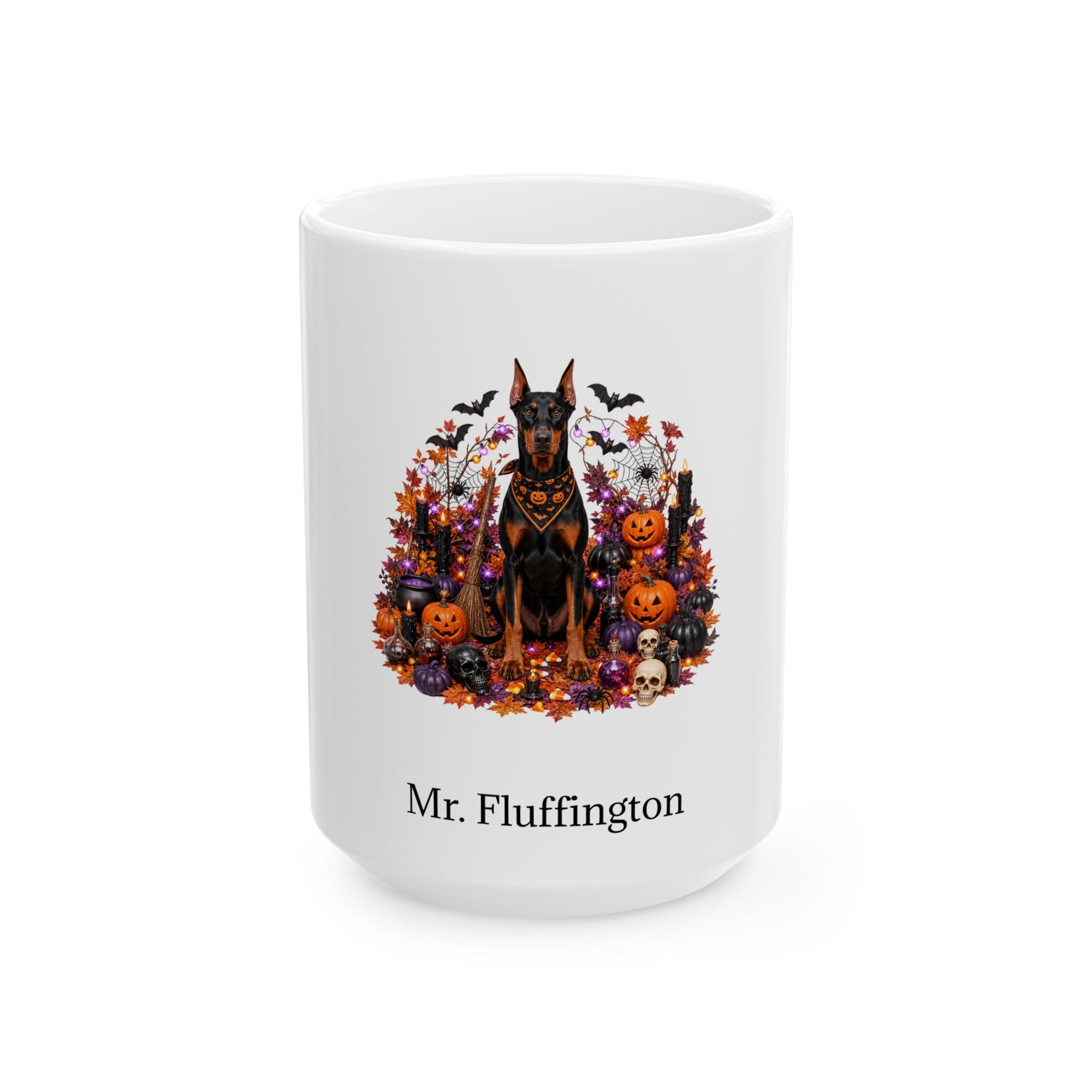 Personalized Doberman Pinscher dog Halloween mug, 11oz white ceramic, with custom pet name on front