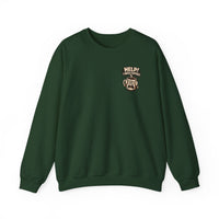 A dark green crewneck sweatshirt featuring a small graphic of a stressed coffee cup on the chest.