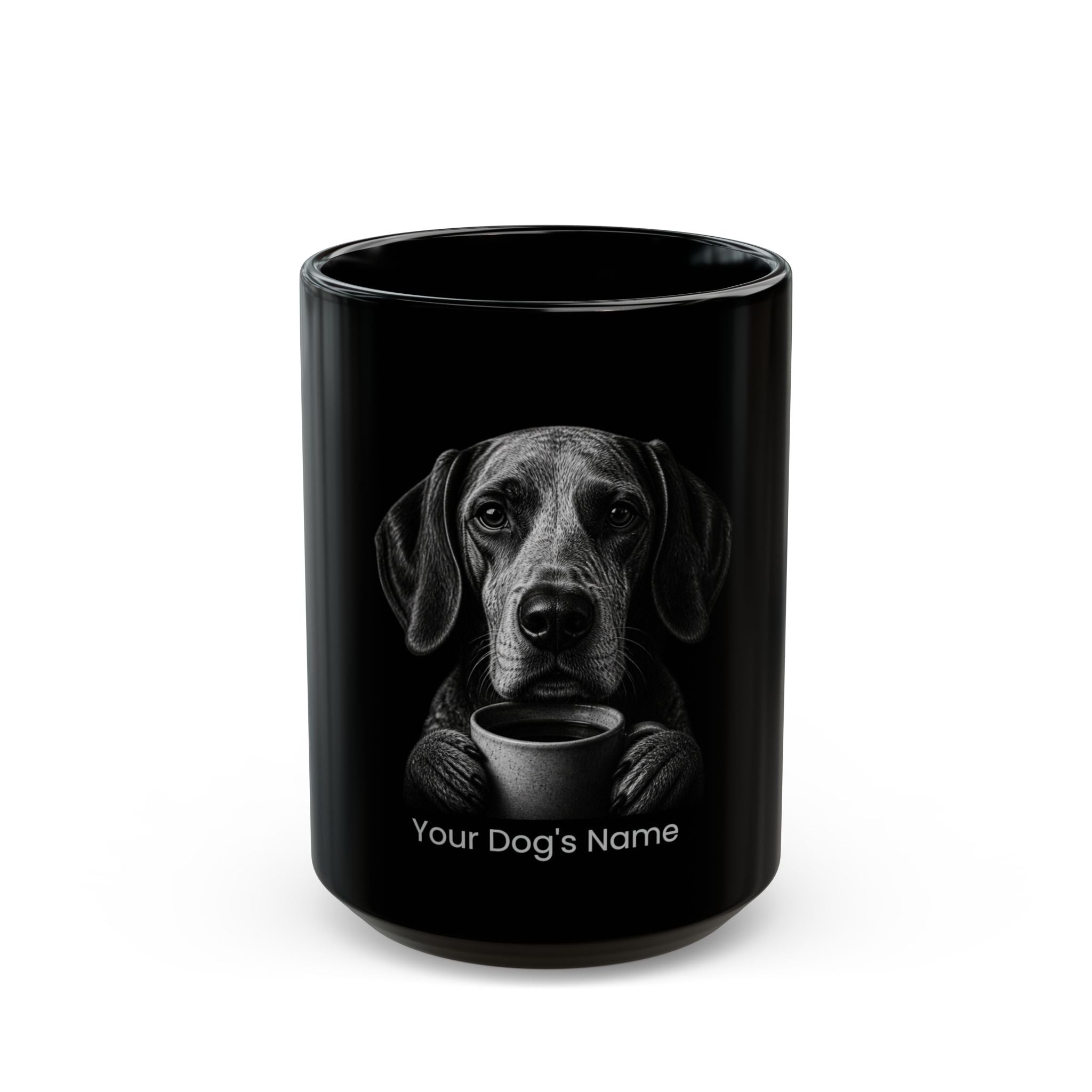 Personalized Coonhound black ceramic coffee mug with custom dog name