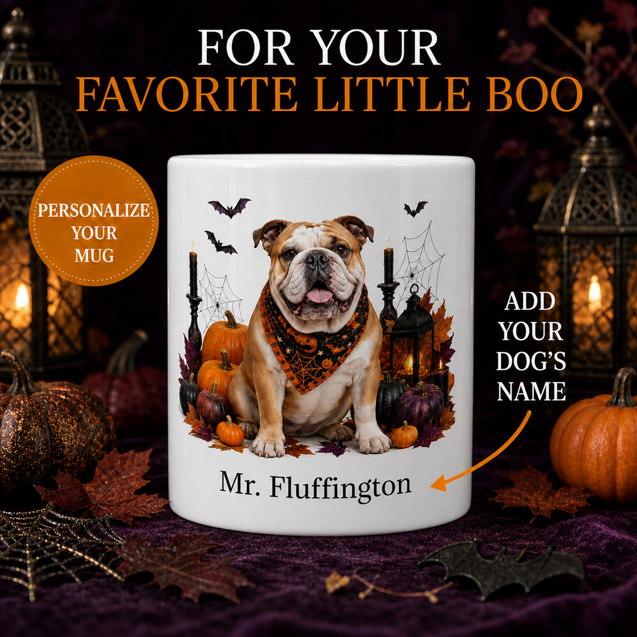 Personalized Bulldog Halloween Mug – Custom Dog Name Gift – front view with no handle