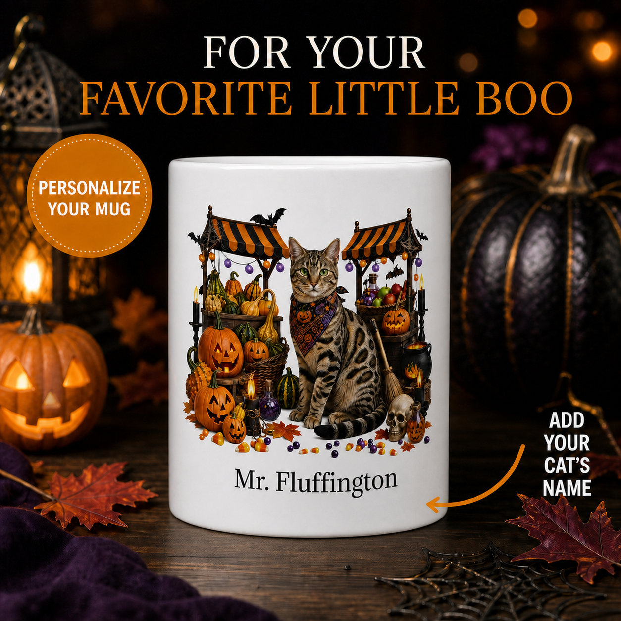 Personalized Tabby Cat Halloween Mug – Custom Pet Name Gift – front view with no handle