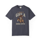 Dark grey t-shirt with a distressed graphic of a cowboy rat riding a donkey, holding coffee.