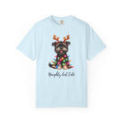 Light blue Comfort Colors t-shirt featuring a Yorkie wearing reindeer antlers and Christmas lights.