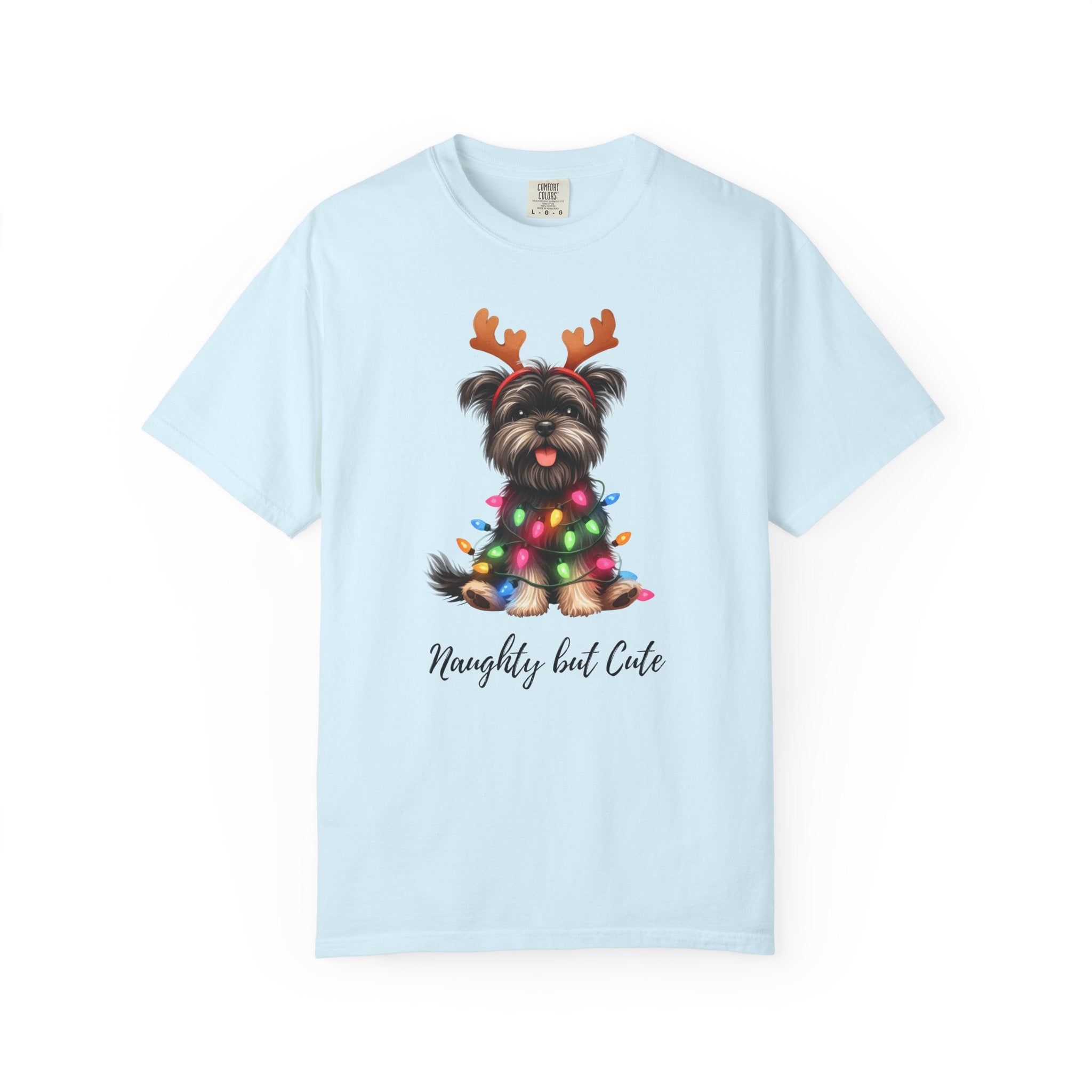 Light blue Comfort Colors t-shirt featuring a Yorkie wearing reindeer antlers and Christmas lights.