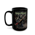 Black ceramic coffee mug featuring a gothic Grim Reaper illustration holding a seam ripper.