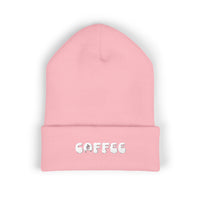 Pink cuffed beanie with embroidered "COFFEE" text.