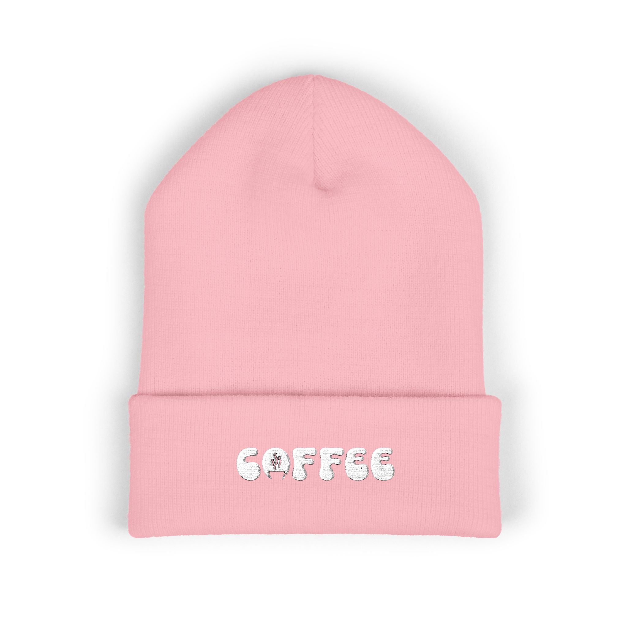 Pink cuffed beanie with embroidered "COFFEE" text.