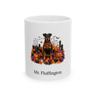 Personalized German Pinscher dog Halloween mug, 11oz white ceramic, with custom pet name on front