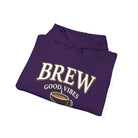 A purple hoodie with "Brew Good Vibes" and a coffee cup graphic.