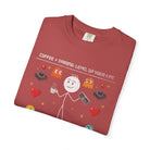 Red t-shirt featuring a stick figure holding a coffee mug and game controller with retro graphics.