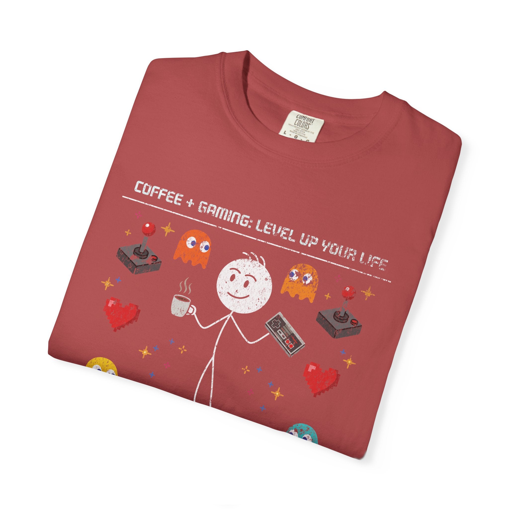 Red t-shirt featuring a stick figure holding a coffee mug and game controller with retro graphics.