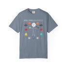 Blue-grey unisex t-shirt featuring a stick figure, coffee, and retro gaming graphics.