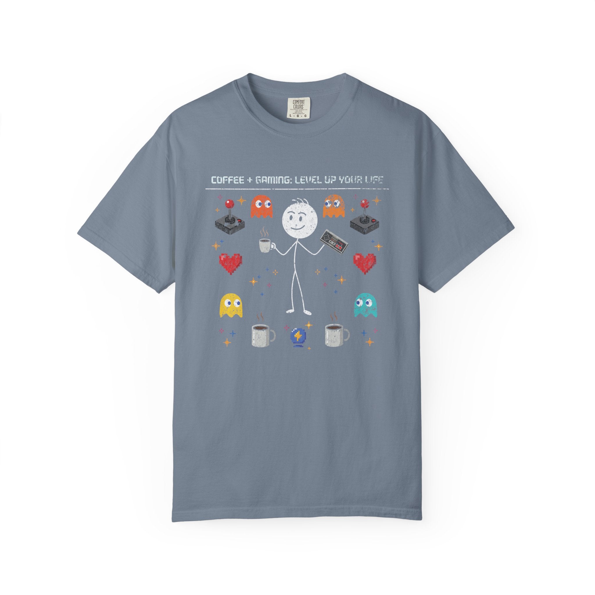 Blue-grey unisex t-shirt featuring a stick figure, coffee, and retro gaming graphics.