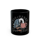 Black 11oz ceramic mug featuring an illustration of an exhausted goose with a coffee cup.