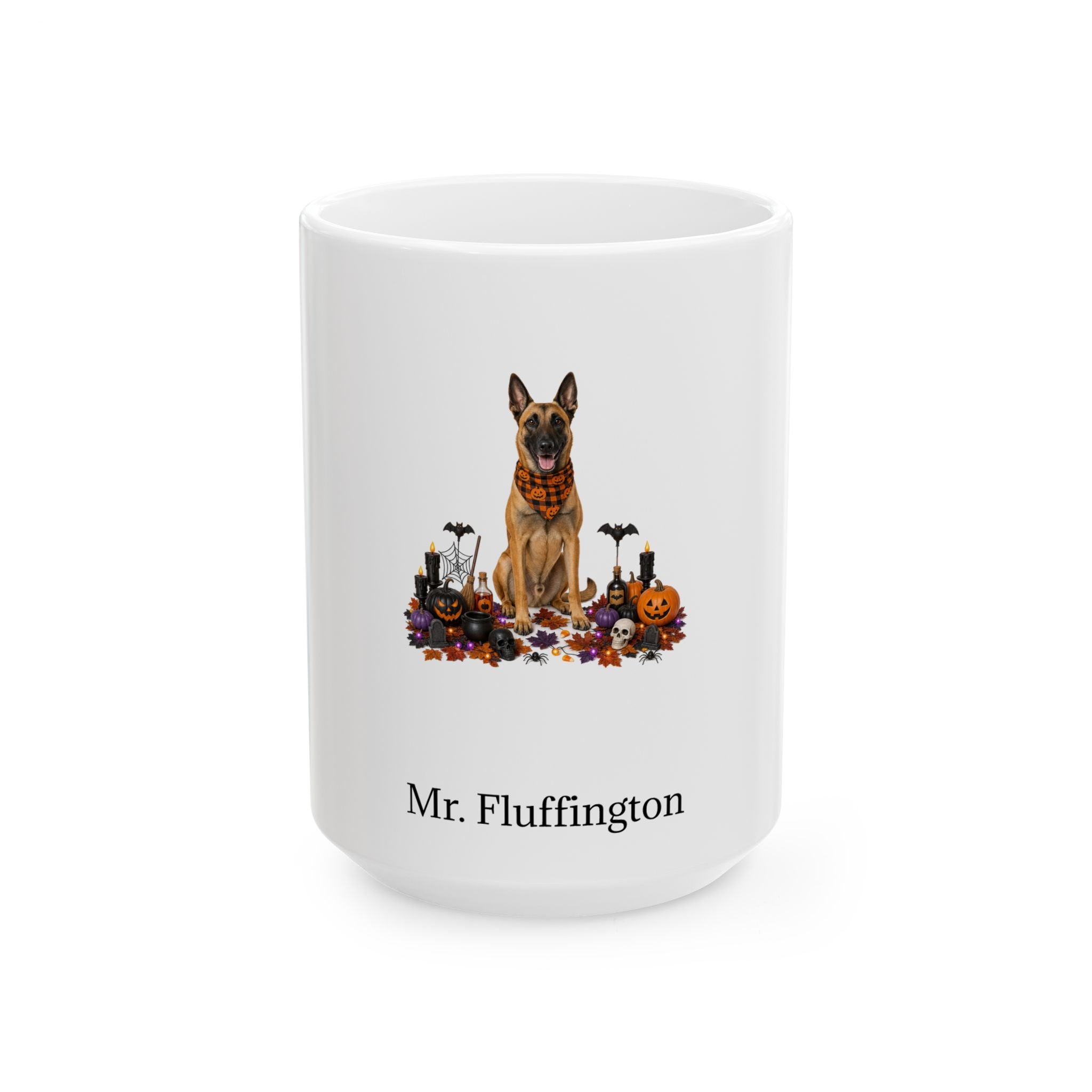 Personalized Belgian Malinois dog Halloween mug, 11oz white ceramic, with custom pet name on front