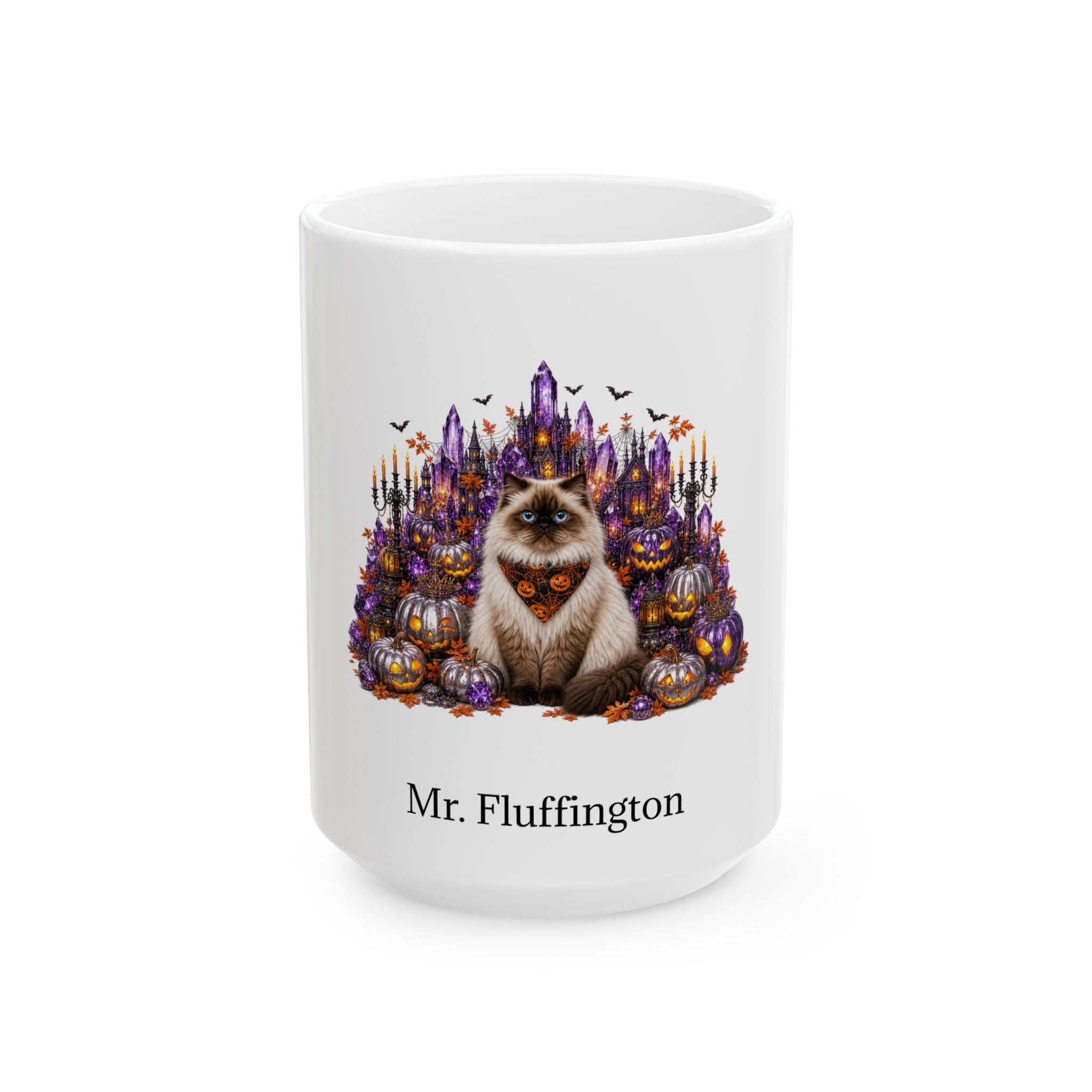 Personalized Himalayan cat Halloween mug, 15oz white ceramic, with custom pet name on front