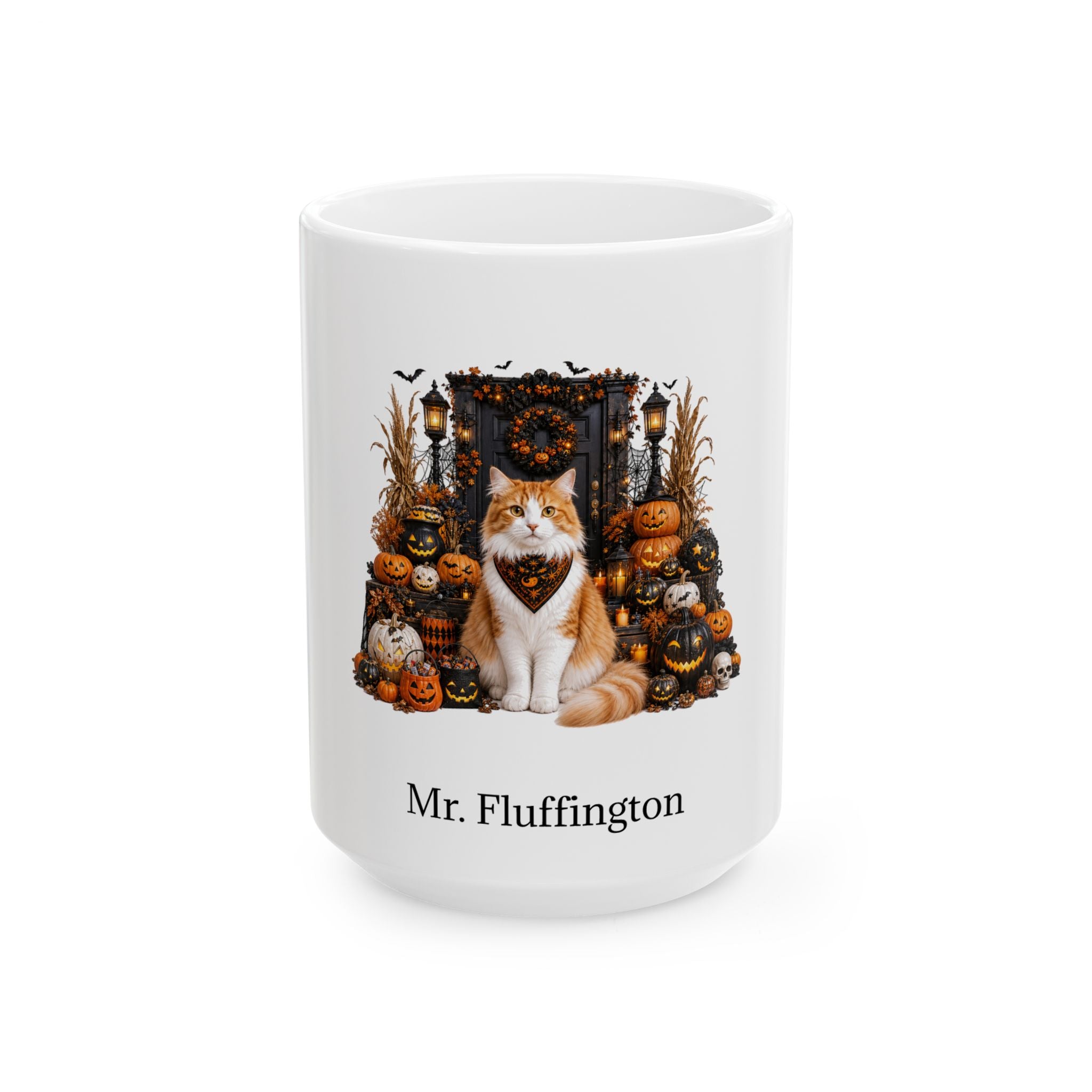 Personalized Domestic Longhair cat Halloween mug, 15oz white ceramic, with custom pet name on front