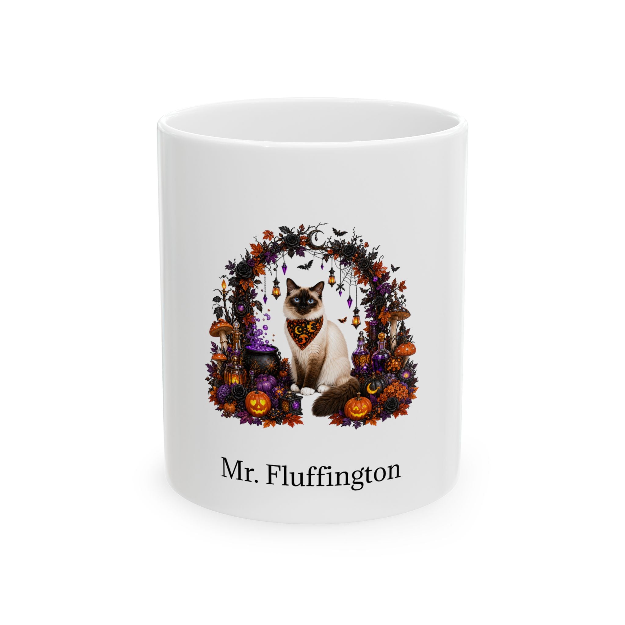 Personalized Birman cat Halloween mug, 11oz white ceramic, with custom pet name on front