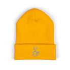 Embroidered coffee cup cuffed beanie in yellow.