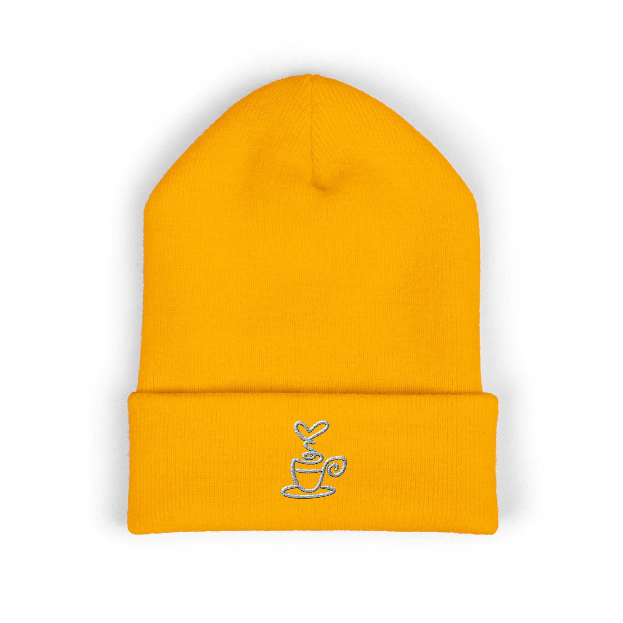 Embroidered coffee cup cuffed beanie in yellow.