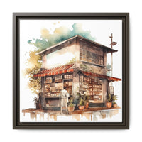 Cozy Street Cafe Watercolor Art – 14x14 Framed Matte Canvas Print