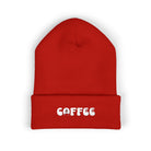 Red cuffed knit beanie with embroidered "COFFEE" text.