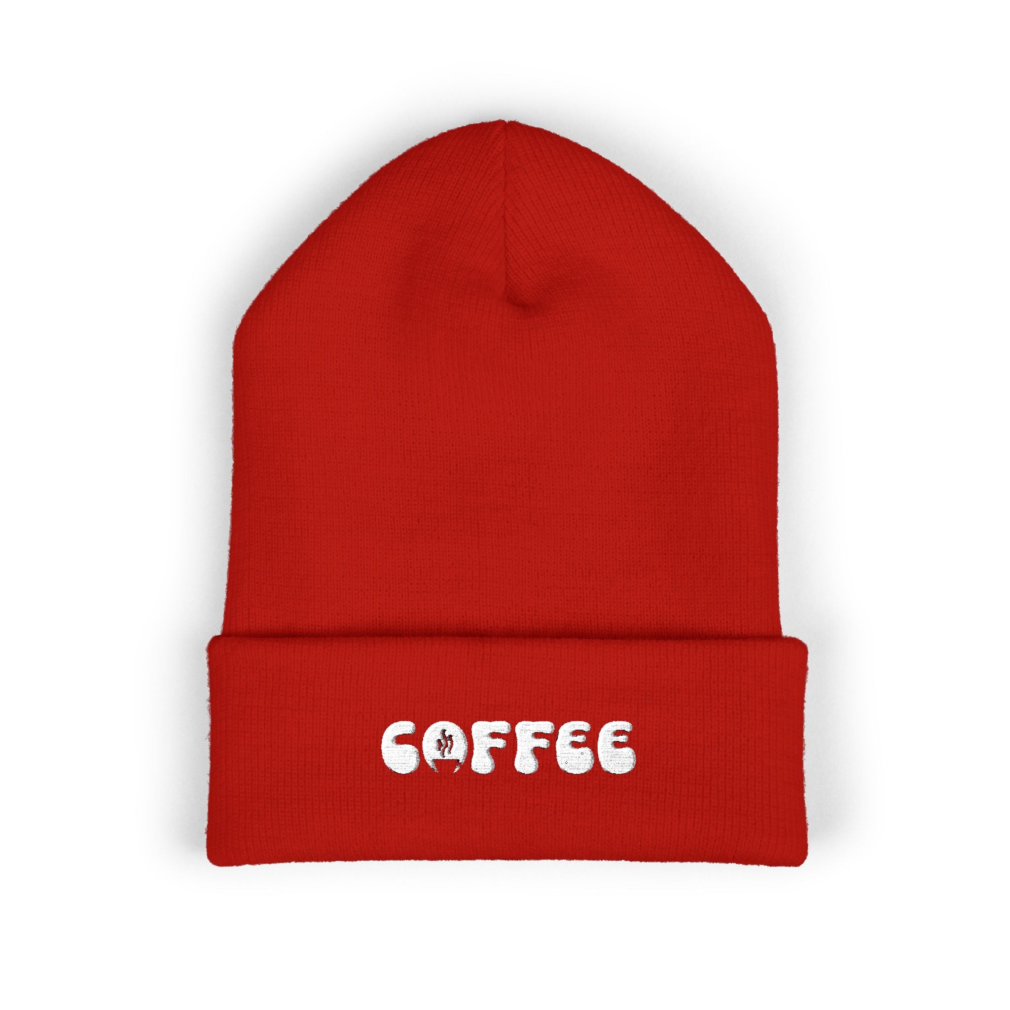 Red cuffed knit beanie with embroidered "COFFEE" text.