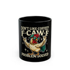 Black ceramic coffee mug featuring a cartoon rooster wearing sunglasses and a cap.