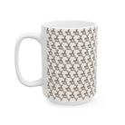 A white ceramic mug featuring a repeating brown line-art pattern of coffee cups with heart steam.
