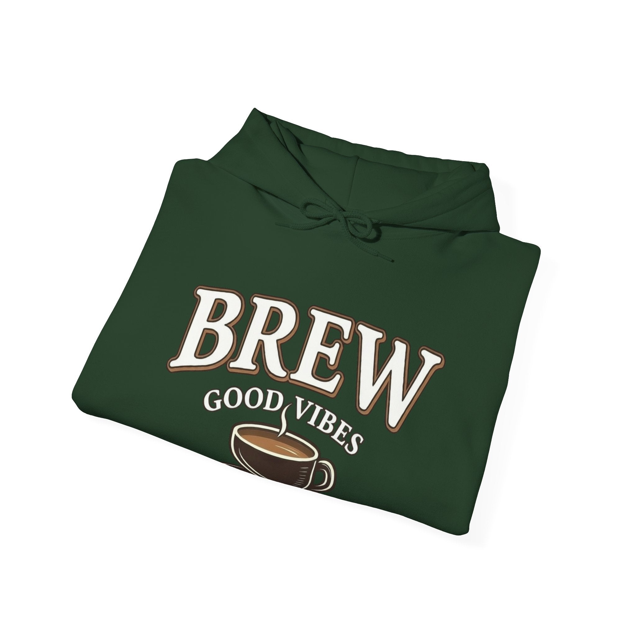 A dark green hoodie with "BREW GOOD VIBES" and a coffee cup graphic.