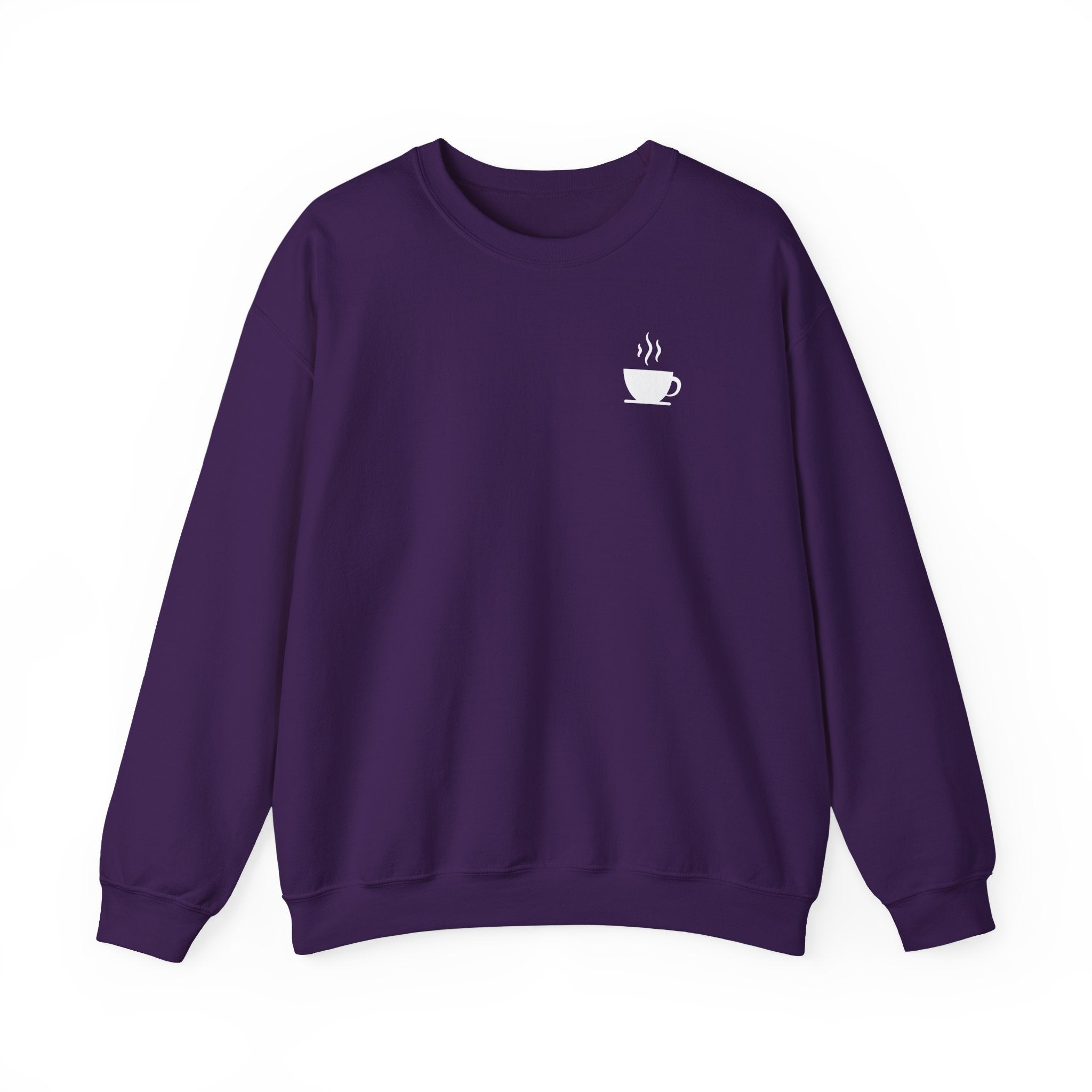 A dark purple crewneck sweatshirt featuring a small white steaming coffee cup icon on the chest.