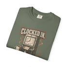 Olive green Comfort Colors 1717 t-shirt featuring a vintage clock and coffee graphic.