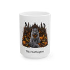Personalized Norwegian Forest Cat Halloween mug, 15oz white ceramic, with custom pet name on front