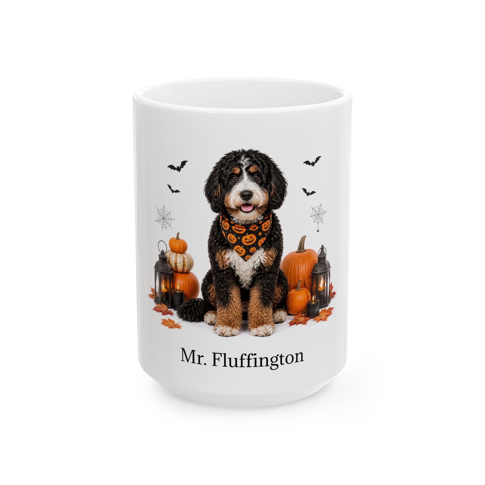 Personalized Bernedoodle Dog Mug – Custom Pet Name Halloween Gift