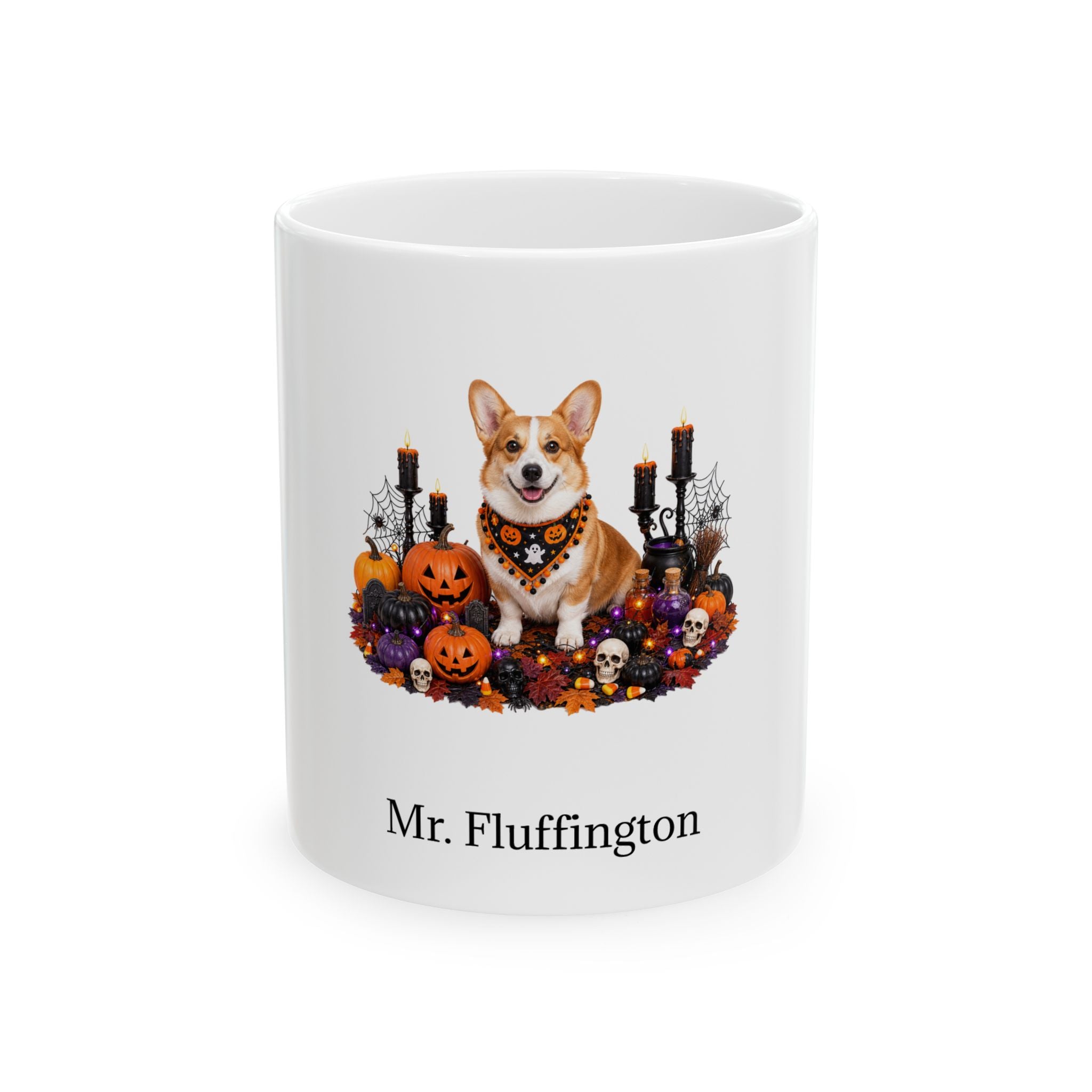 Personalized Pembroke Welsh Corgi dog Halloween mug, 15oz white ceramic, with custom pet name on front