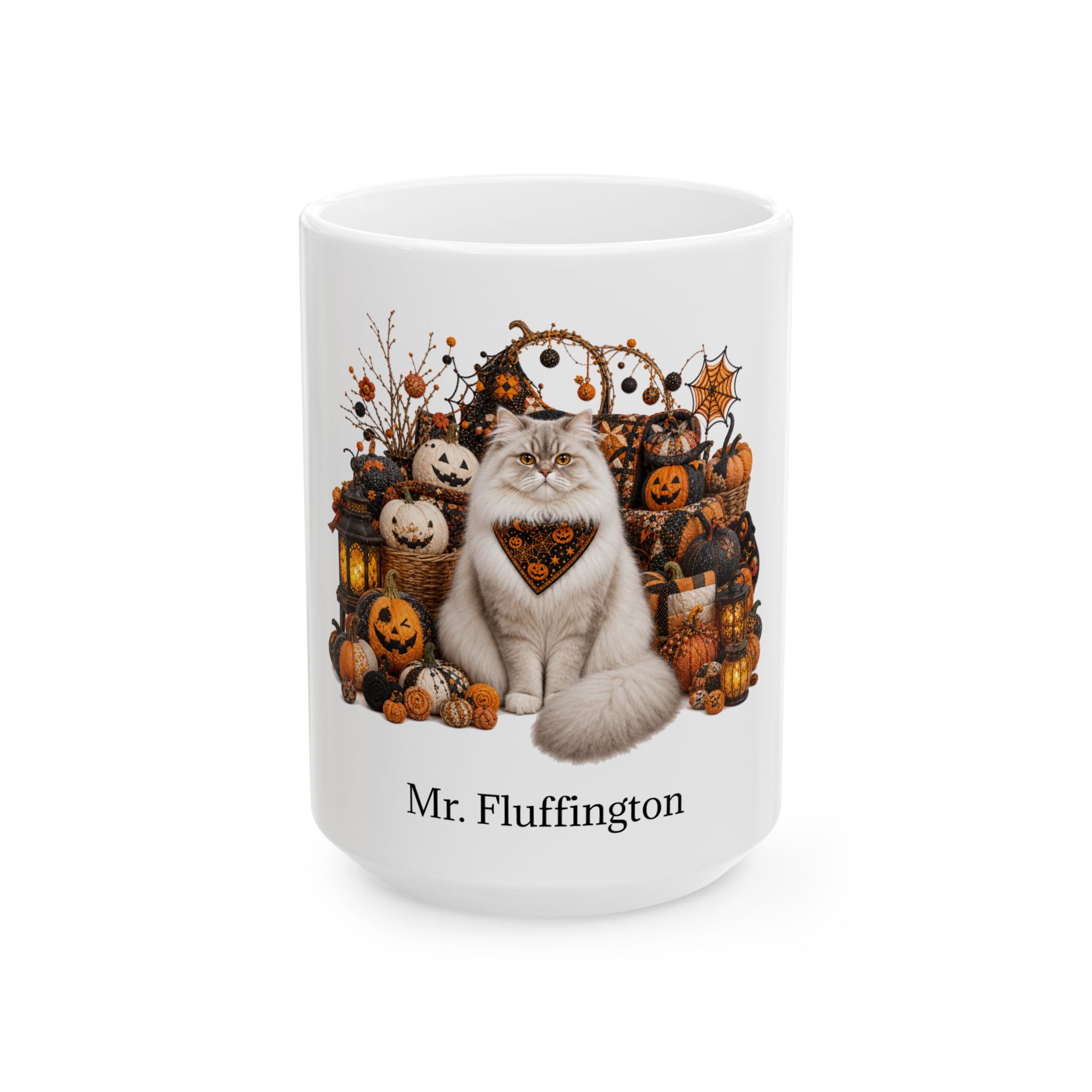 Angled Ragamuffin cat Halloween mug with personalized pet name and fall design — image 3
