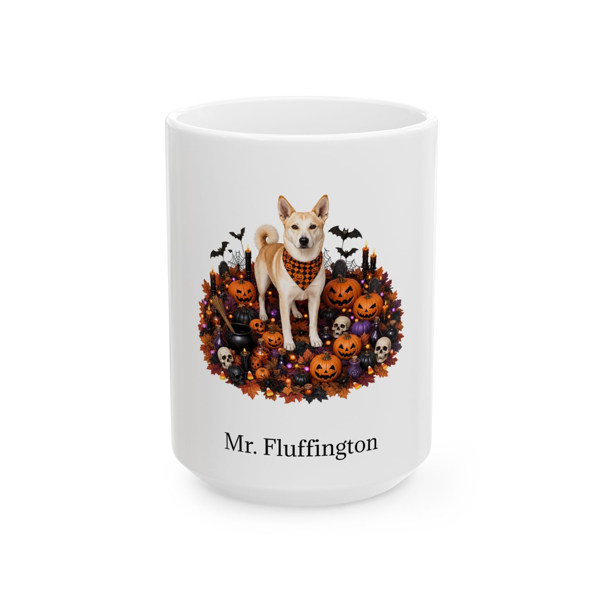 Personalized Canaan dog Halloween mug, 15oz white ceramic, with custom pet name on front