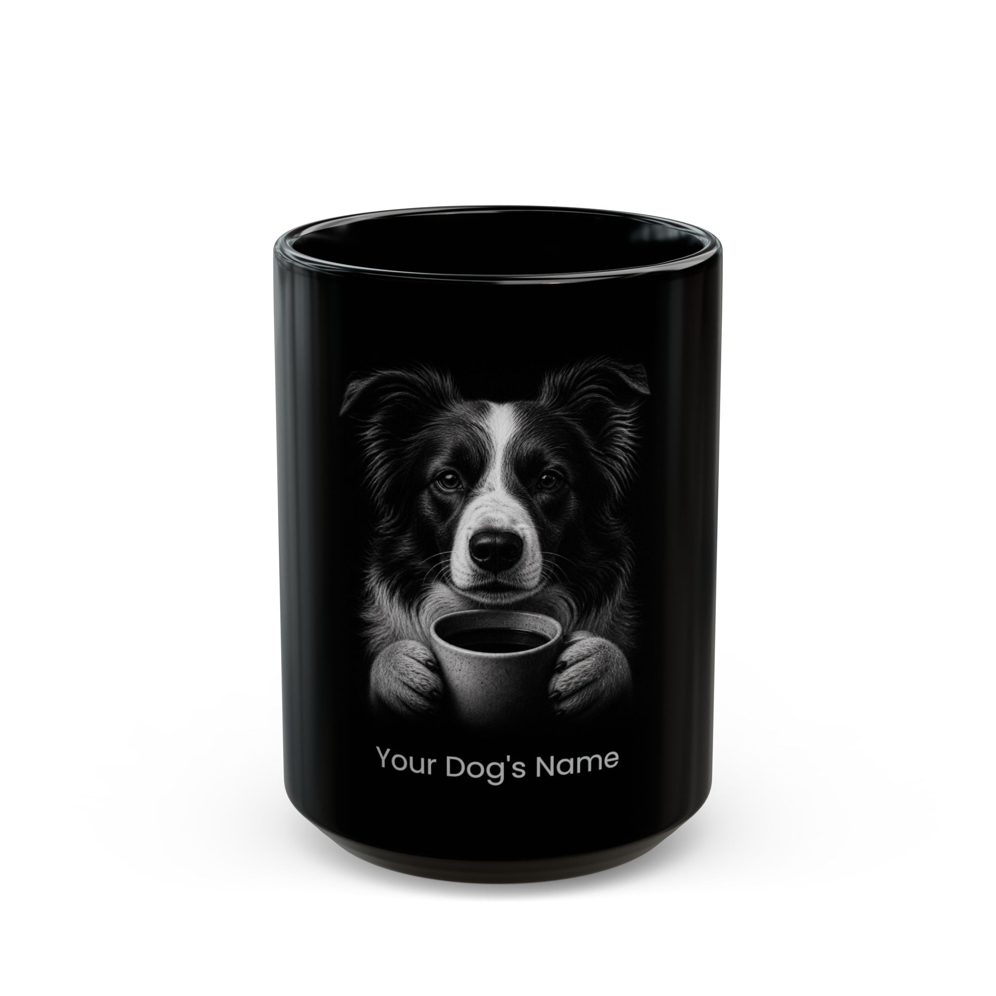 Personalized Collie black ceramic coffee mug with custom dog name