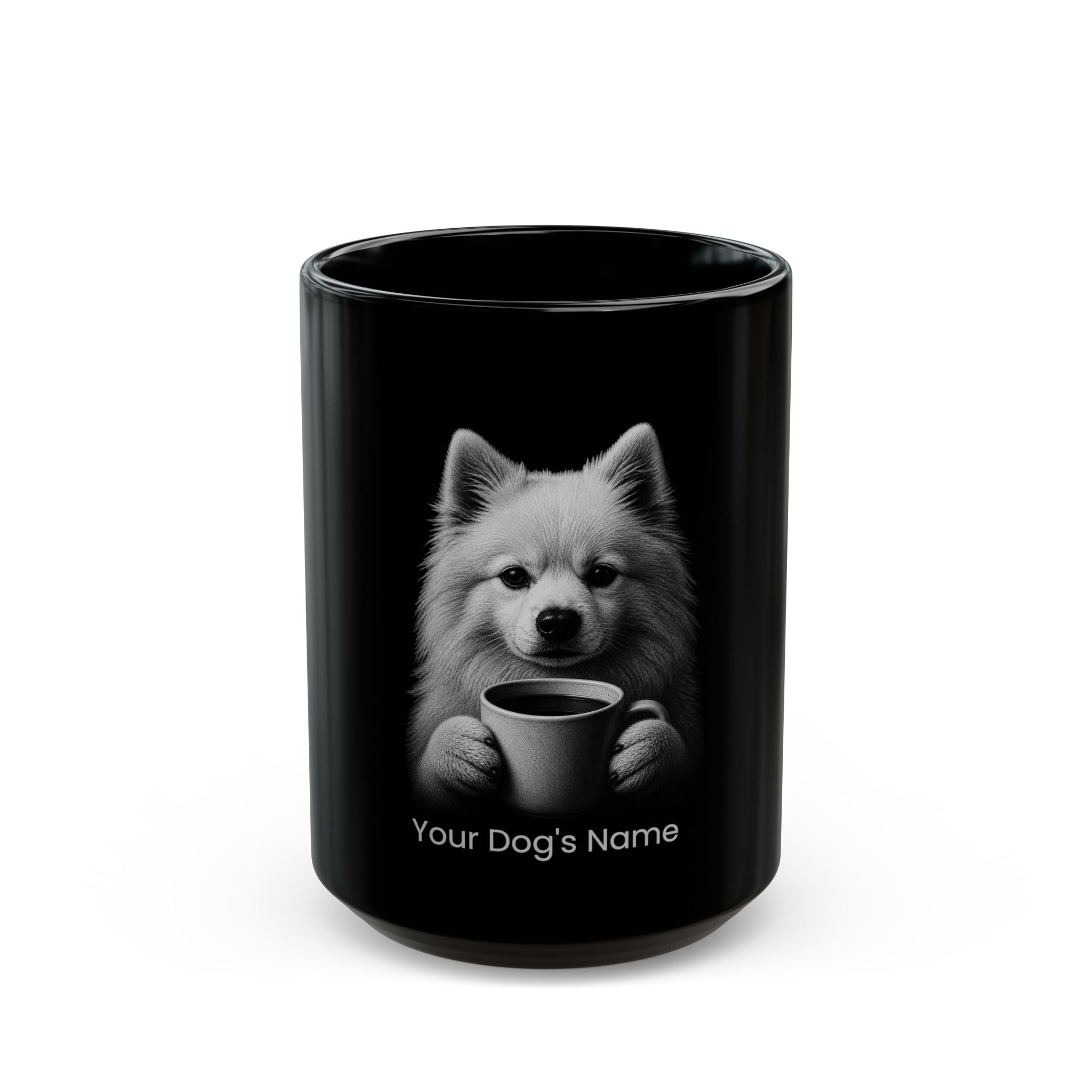 Personalized Japanese Spitz black ceramic coffee mug with custom dog name