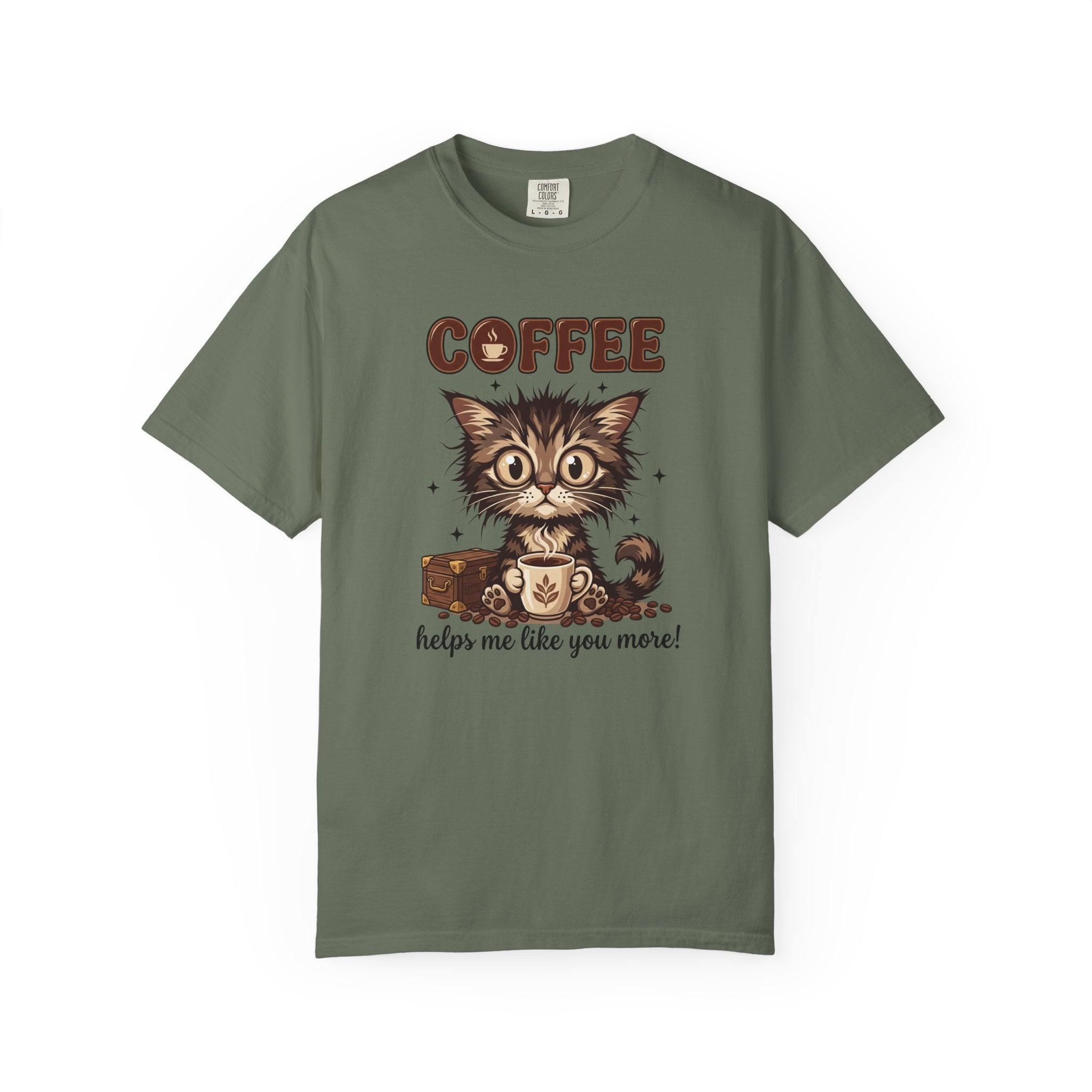 Olive green unisex t-shirt featuring a cute kitten holding a coffee mug with coffee-themed text.