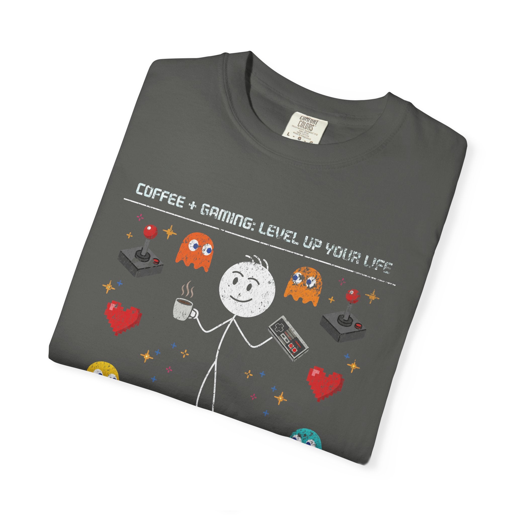 Dark grey t-shirt featuring a stick figure holding a coffee mug and game controller with pixel art.