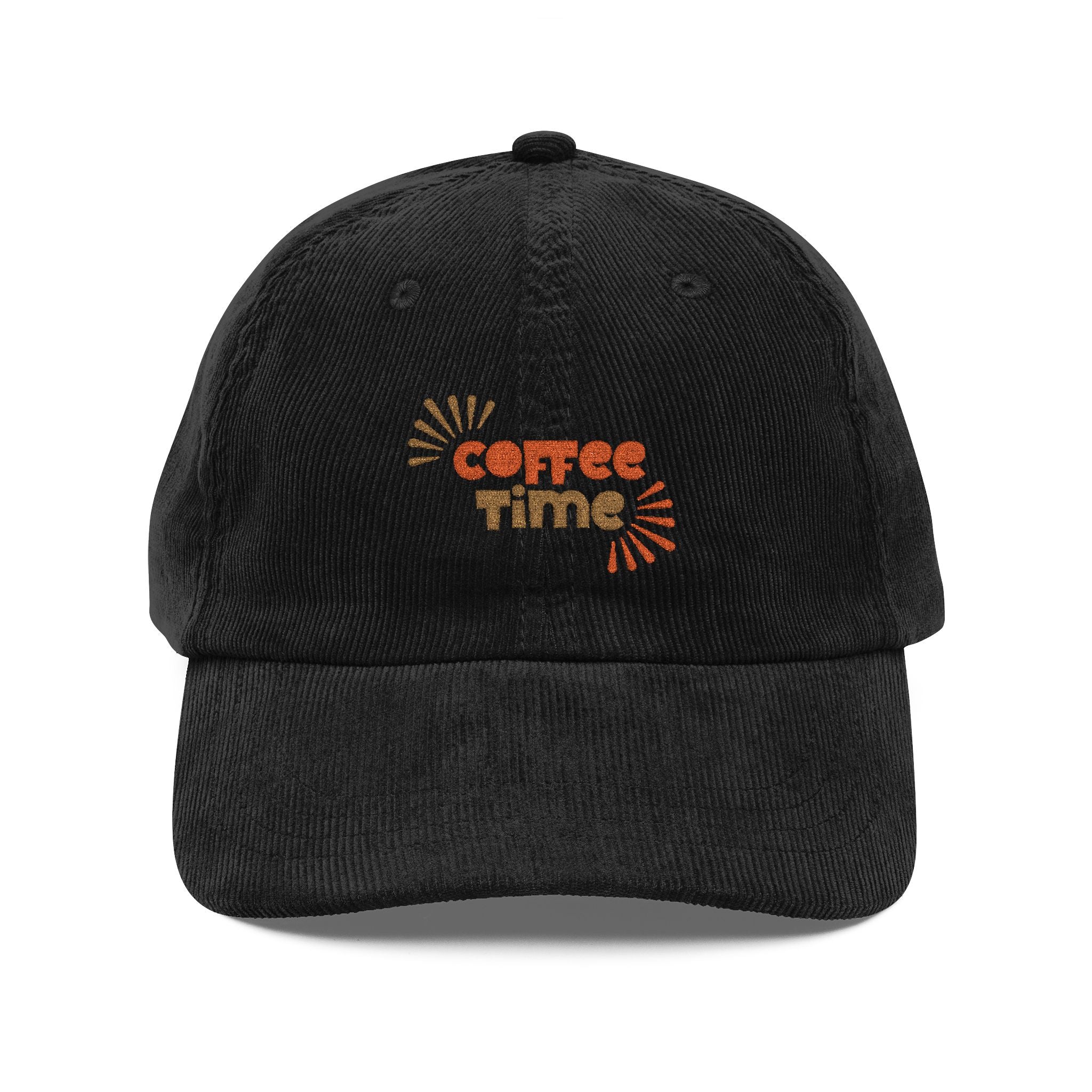 Black corduroy baseball cap with Coffee Time embroidered in orange and brown on the front.