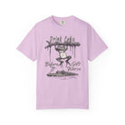 Light pink unisex t-shirt featuring a graphic of a frog hanging from a branch above an alligator.