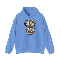 A light blue hooded sweatshirt featuring a cartoon coffee mug graphic with the text Help I Need Coffee.
