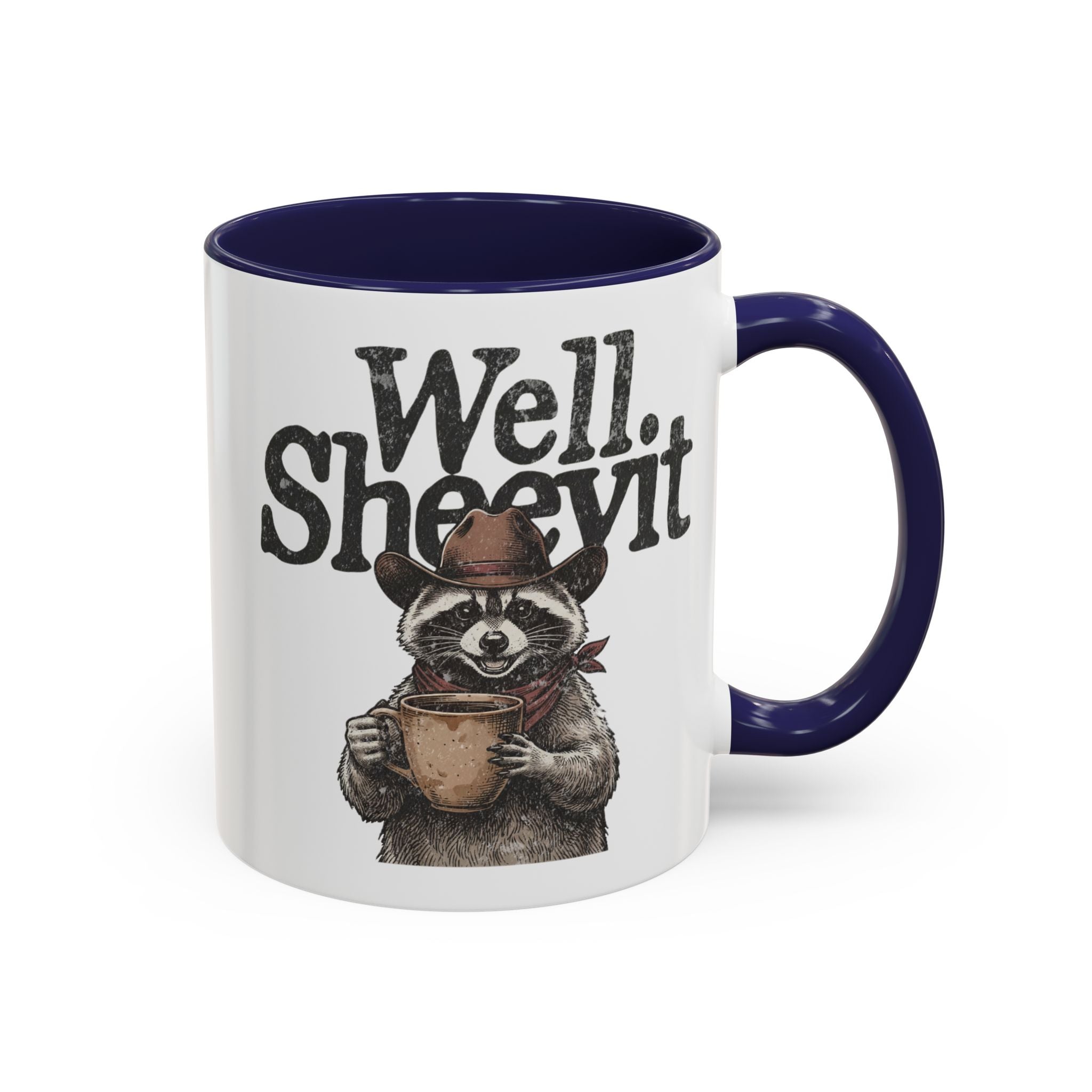 White ceramic mug with a blue handle and rim, featuring a raccoon in a cowboy hat holding a mug.