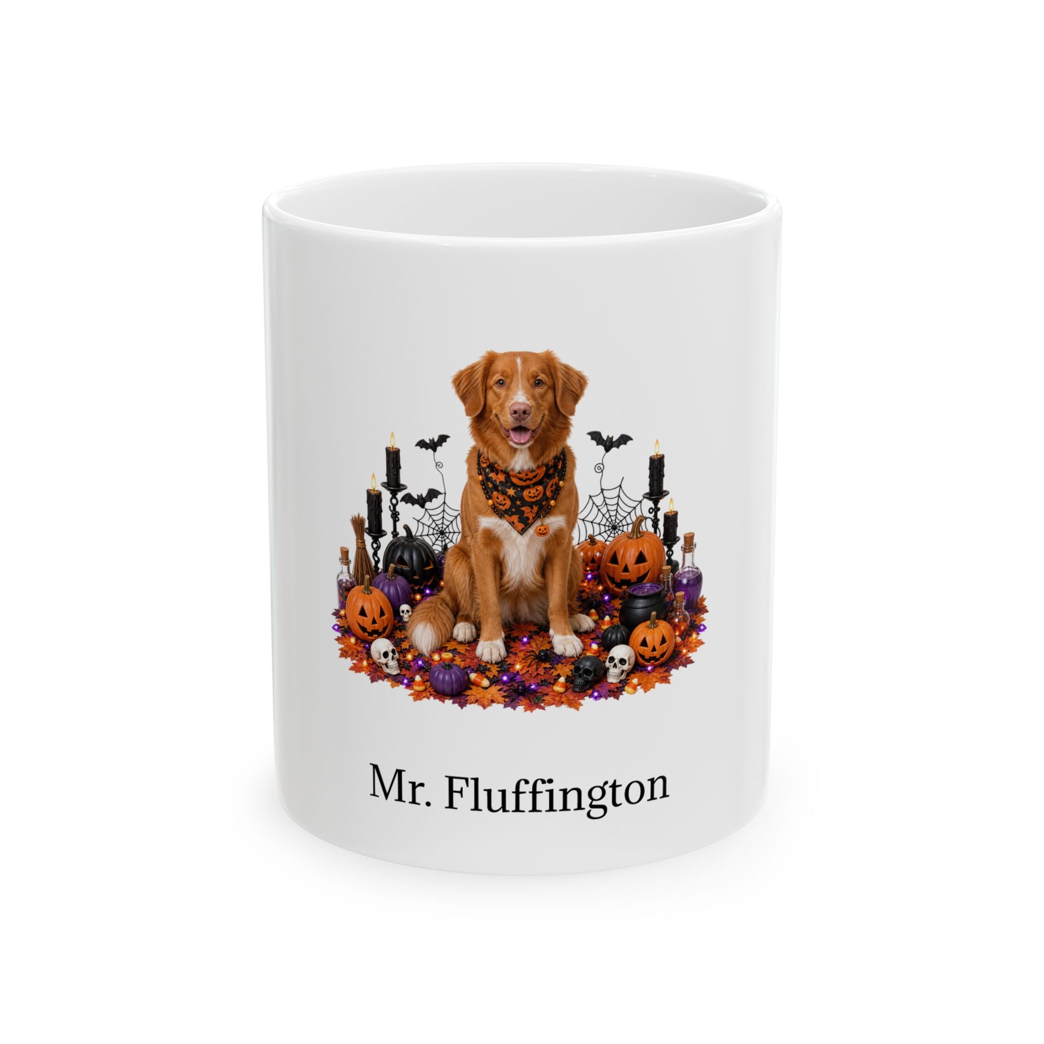 Personalized Nova Scotia Duck Tolling Retriever dog Halloween mug, 15oz white ceramic, with custom pet name on front