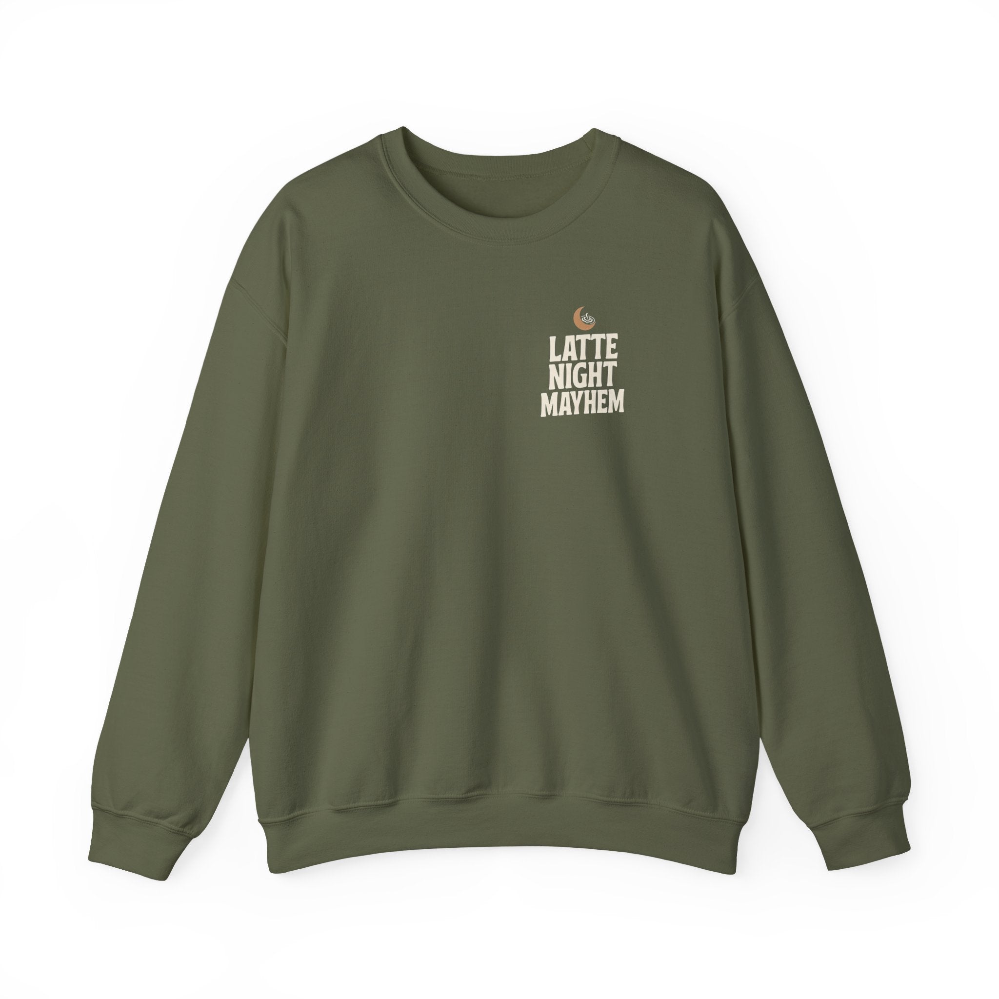 Latte Night Mayhem Funny Coffee Sweatshirt | Unisex Gildan 18000 Fleece