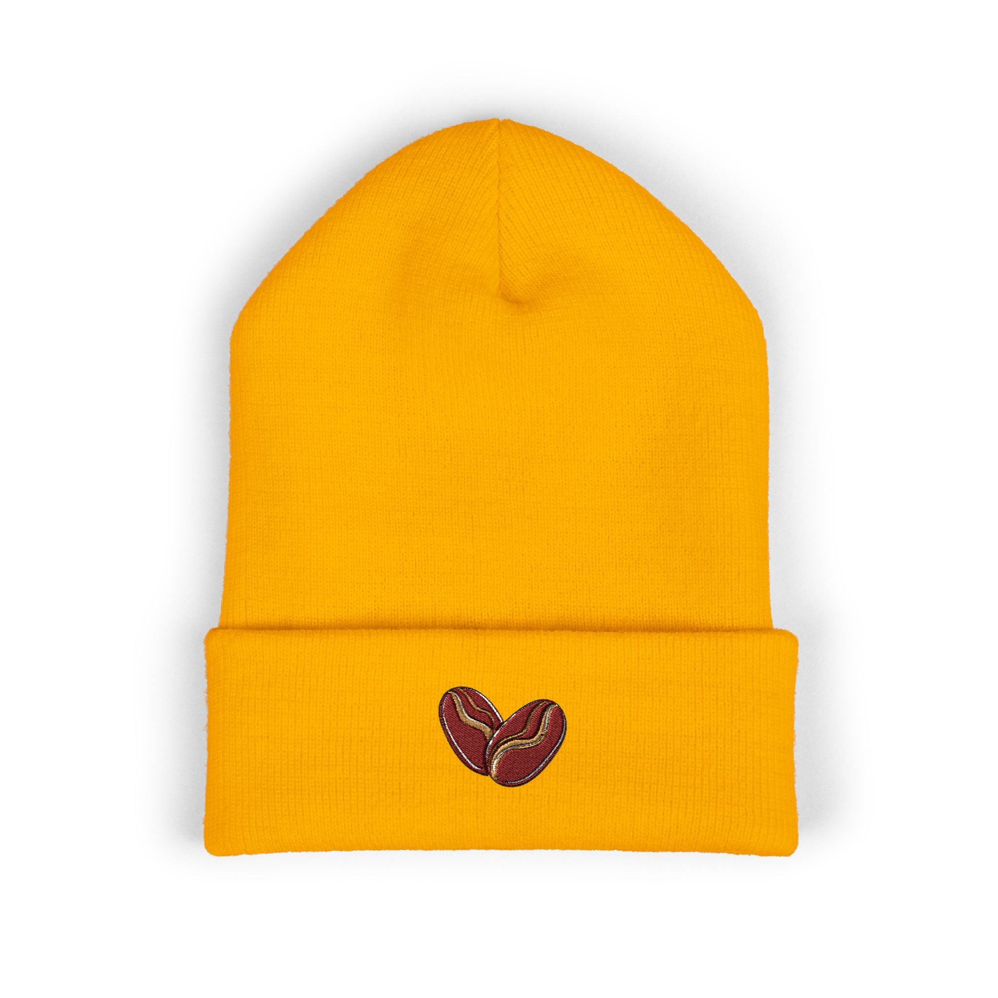 Yellow cuffed beanie with embroidered coffee beans on the cuff.
