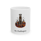 Personalized Scottish Deerhound dog Halloween mug, 11oz white ceramic, with custom pet name on front