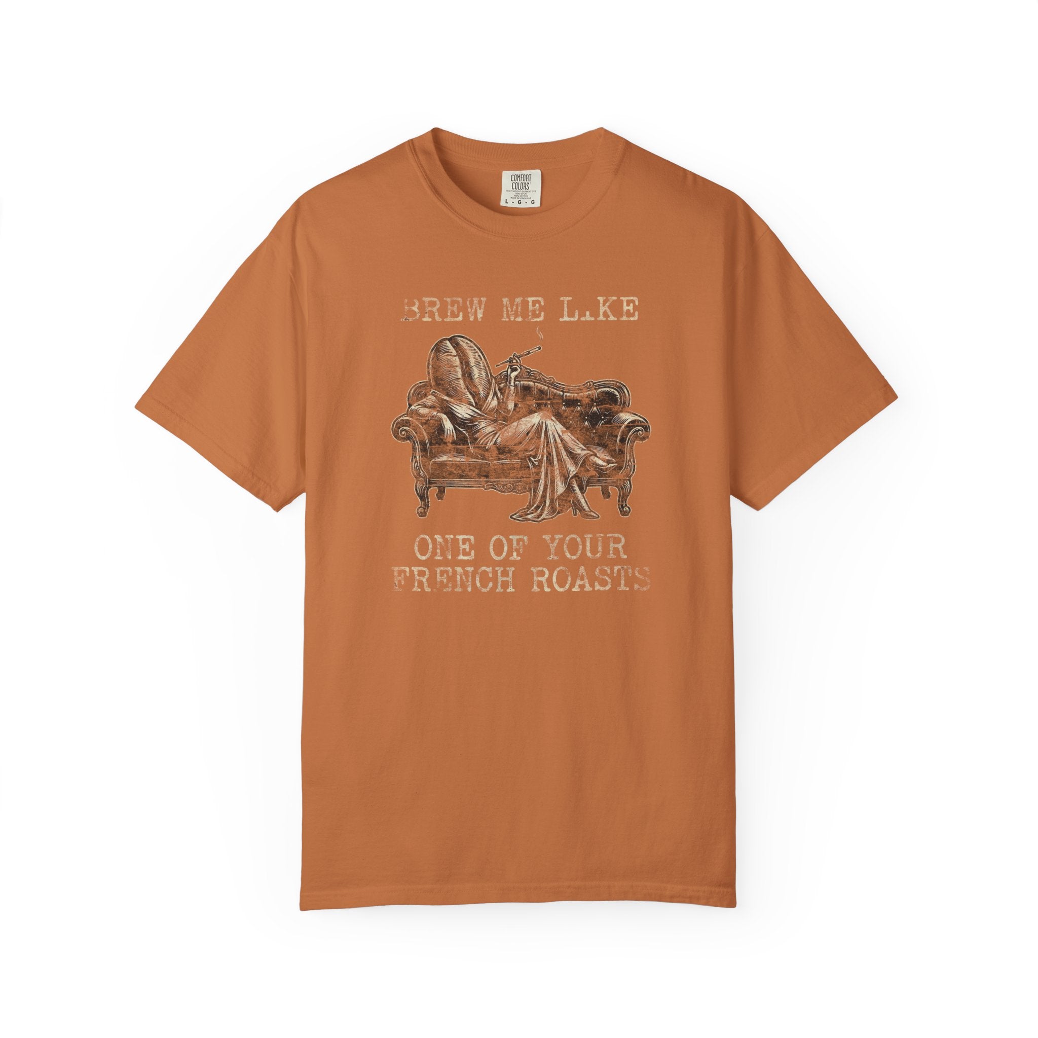 Rust-colored Comfort Colors 1717 t-shirt with a vintage graphic of a coffee bean on a sofa.